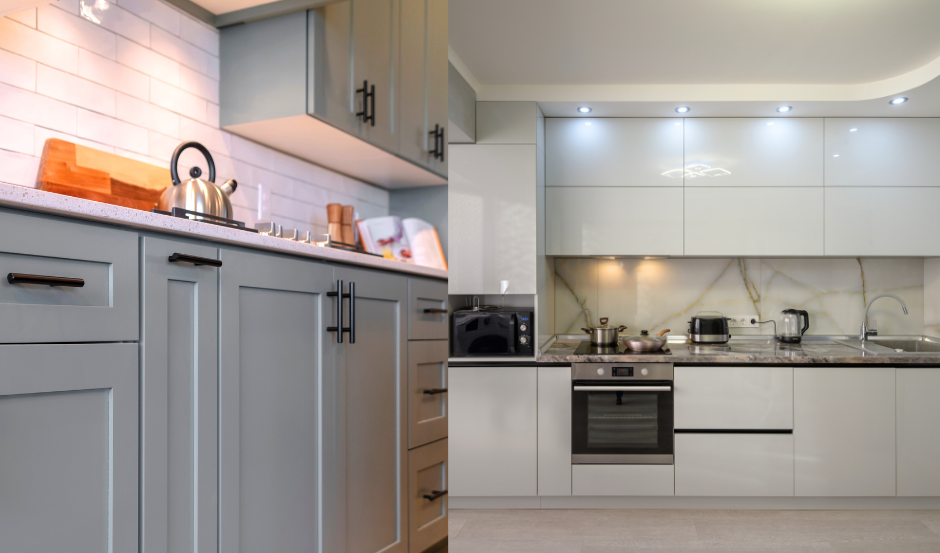 two different types of kitchen cabinets. Kitchen cabinet finish, concept image.